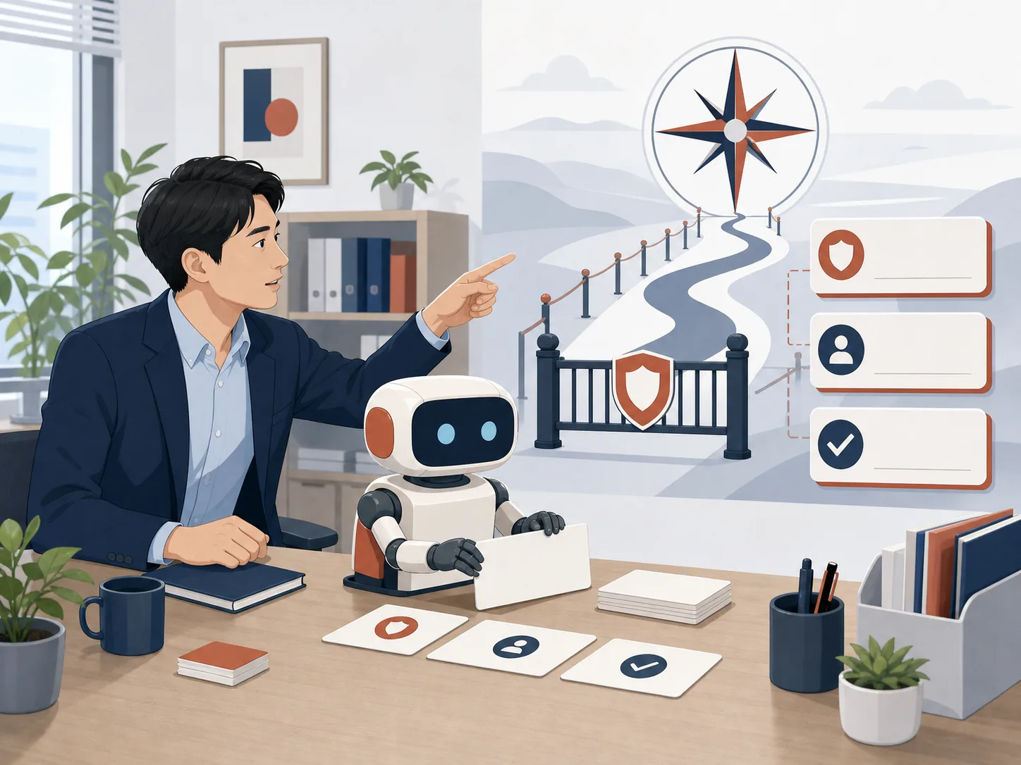 人が会社の方針を説明し、AIが優先順位や確認条件を整理しているイメージ