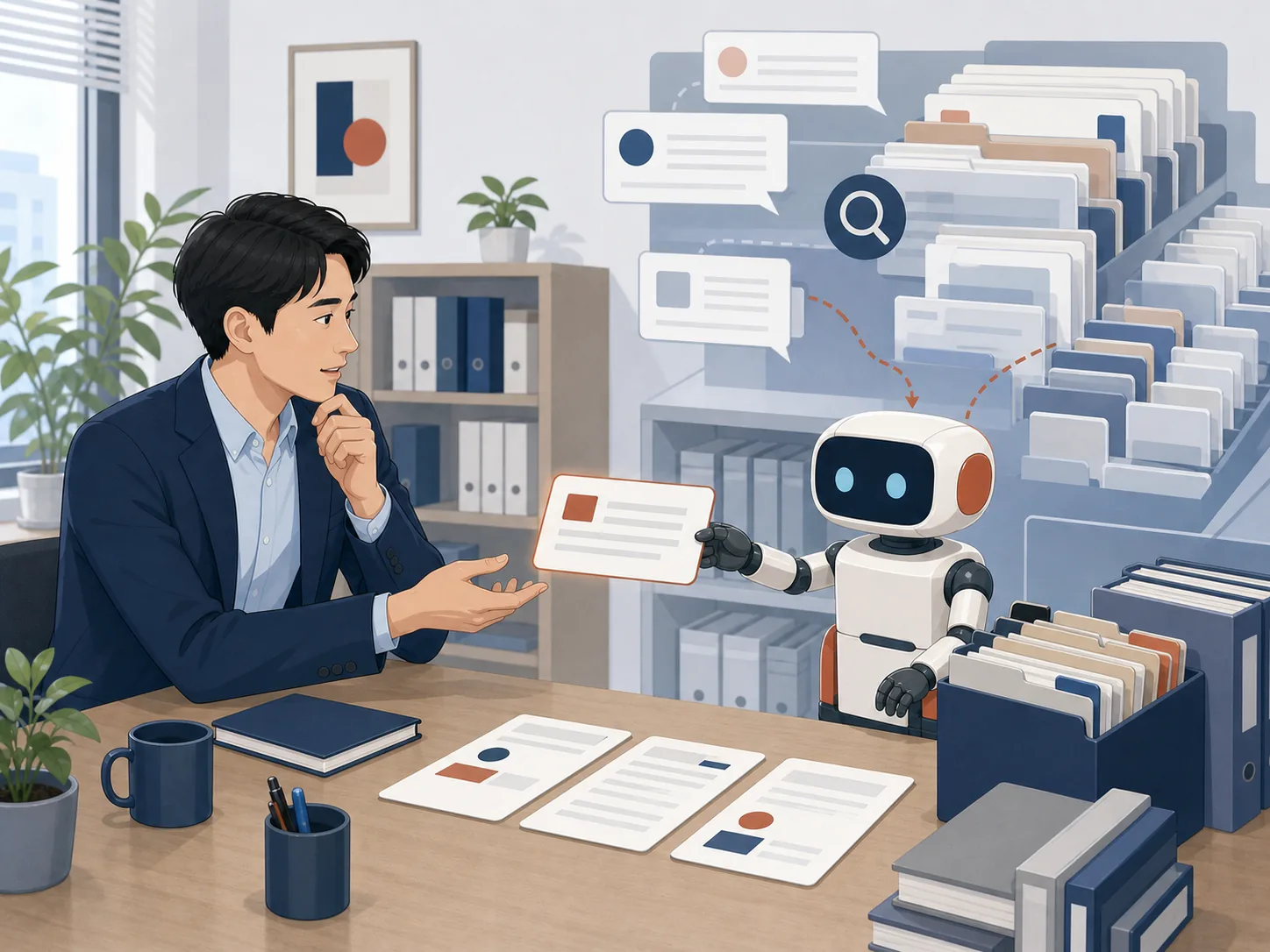 AIが過去の会話や決定の記録から必要な経緯を探し、人へ渡しているイメージ