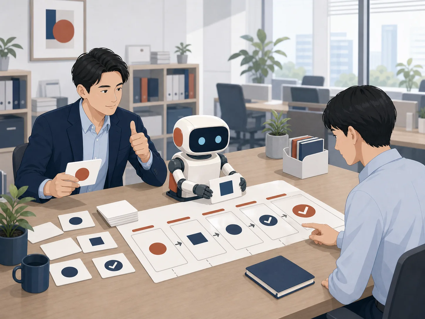 人が確認した仕事の流れをAIが手順に整理し、別の社員が活用しているイメージ