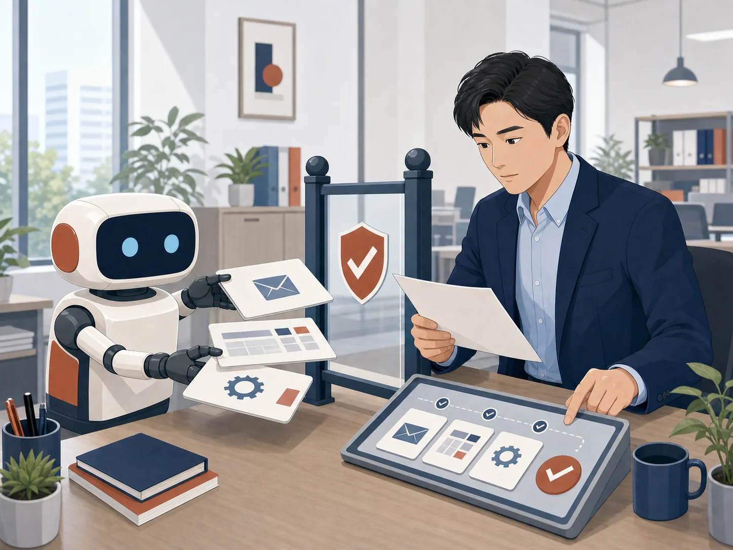 AIが下書きと判断材料を人へ渡し、人が確認して送信や実行を決めるイメージ